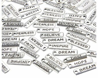 50/100pcs Word Charms Pendants-  Engraved Motivational Charms Collection for Jewelry Making, DIY Necklaces, Bracelets, Bangles, Silver