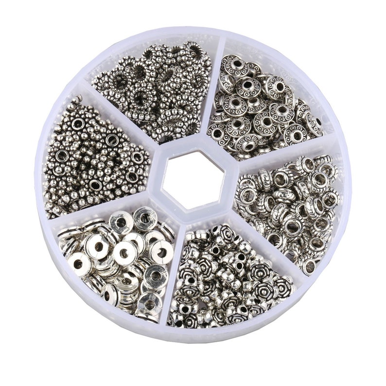 300pcs 6 Style Antique Silver Spacer Beads Tibetan Bali Alloy Tube Metal Spacers for Bracelet Necklace Jewelry Making Findings Accessories