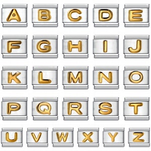 May include: Gold alphabet letter charms for a charm bracelet. The charms are silver with a gold letter on each charm. The letters are A through Z.