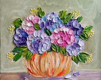 Impasto Hydrangeas in Pumpkin Vase Painting: Original Textured Floral Acrylic Art  12”x12”