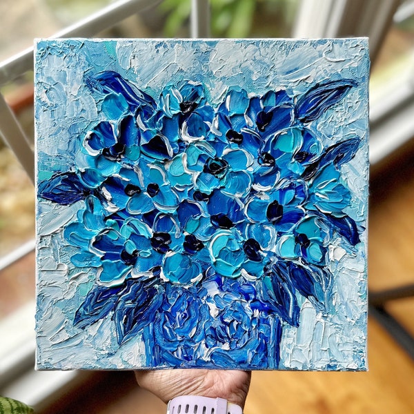 Original Painting| Blue & White Abstract Flowers in Vase| Textured  Acrylic Art | Chinoiserie Chic | Mother’s Day Gifts | Wall Decor