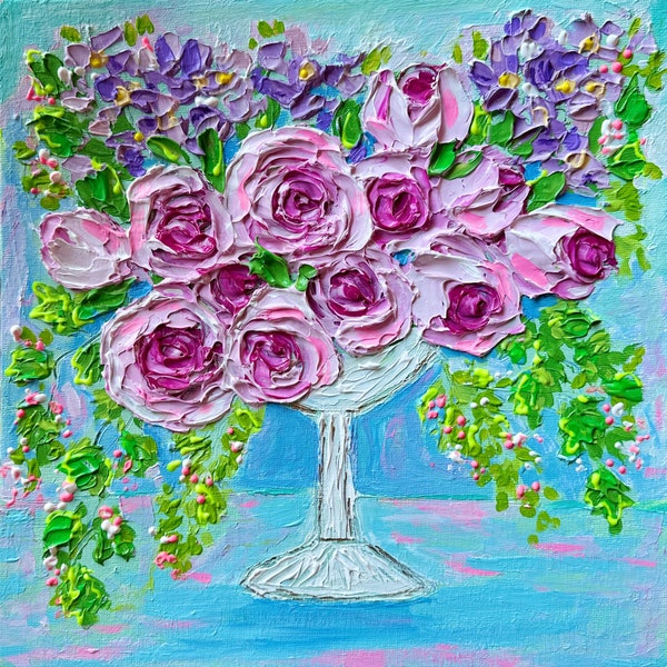 Pintura original / Abstract Impasto Textured Palette Knife Acrylic Art / Pink Roses in Vintage Vase / Valentine Gift