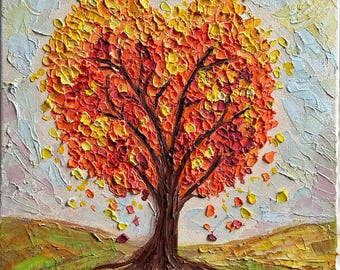 Original Painting. Whimsical Fall Tree. Colorful Acrylic Impasto Art 11”x14”