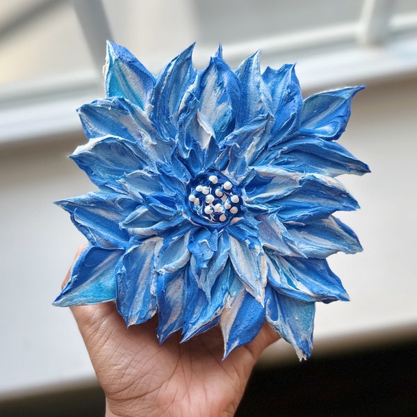 Original Painting on Canvas | Blue Dahlia | Abstract  Textured Acrylic Artwork | Mini 3D Art | Blue & White decor