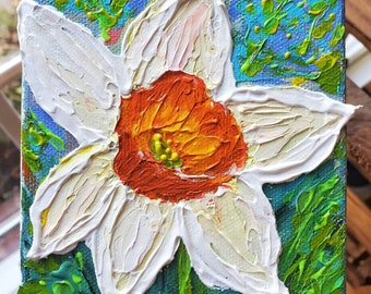 Original Painting | Daffodils | Abstract Impasto Textured Pallet Knife Acrylic Artwork | Mini 3D Art | Mother's day gift | Spring Decor