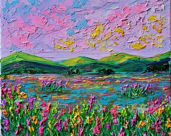 Original Painting | Mountain Floral  Landscape | Abstract Impasto Textured Pallet Knife Acrylic Art | Spring, Summer Decor| Wildflowers