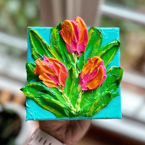 Pintura original / Tulipanes rosados naranjas y amarillos / Impasto Textured Palette Knife Acrylic 3D Art / Regalo de San Valentín