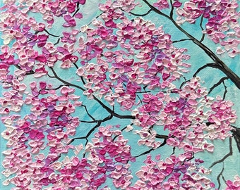 Original Painting | Cherry blossoms Tree | Abstract  Textured Acrylic Art | Chinoiserie Chic | Unique Wall Art