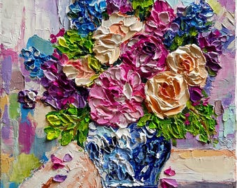 Original Impasto Floral Painting, Chinoiserie Vase Acrylic Art, 12x12 Canvas