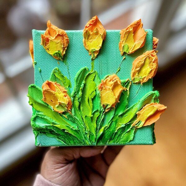 Original Painting | Orange & Yellow Tulips | Impasto Textured Palette Knife Acrylic 3D Art | Valentine Gift