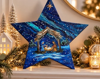 Original Hand-Painted Star Nativity Art | Acrylic  Christmas Landscape (10" Star)