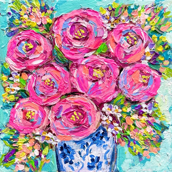 Pintura original / Peonías rosas abstractas en jarrón / Arte de pared acrílico texturizado / Regalo del día de la madre