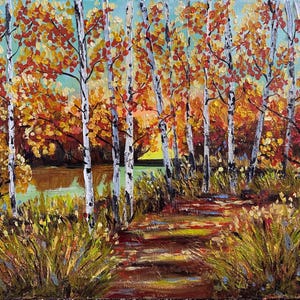 Original Painting | Fall Birch Sunset Landscape | Abstract Acrylic Textured Artwork | Unique handmade canvas art |