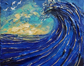 Original Painting. Textured Blue & Gold Ocean Wave. Impasto Acrylic Art, Coastal Decor 8"x8"