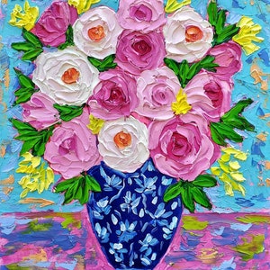 Original Painting | Pink Roses in Chinoiserie Vase | Abstract Acrylic Impasto Textured Pallet Knife Art | Vintage  | Grand Millennial decor