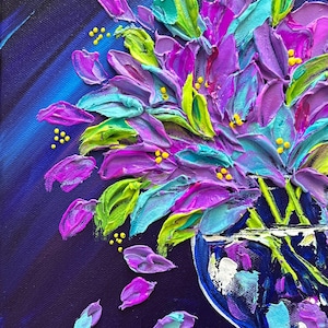 Textured Blue Himalayan Poppies Painting: Abstract Acrylic Impasto Art