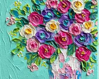 Original Artwork. Vibrant Colorful Floral Vase Painting. Textured Abstract Acrylic Art  , 8x8  Canvas