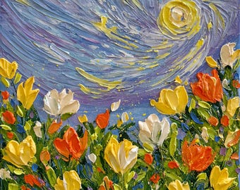 Original Painting. Textured Acrylic Wildflower Painting | Swirly Sky Landscape Art 12”x12” Canvas