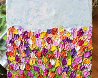 Original Painting | Colorful Tulips Landscape| Abstract Impasto Textured Pallet Knife Acrylic 3D Artwork | Spring Summer Decor