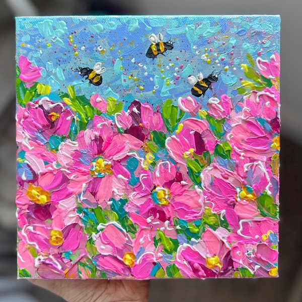 Original  Painting | Pink Azalea & Bumblebees | Abstract  Textured  Acrylic Art | Mother’s Day Gift | Unique Spring Wall Decor