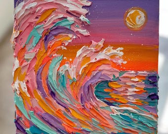 Textured Acrylic Impasto Painting: Colorful Sunset Ocean Wave Art 8"x8"