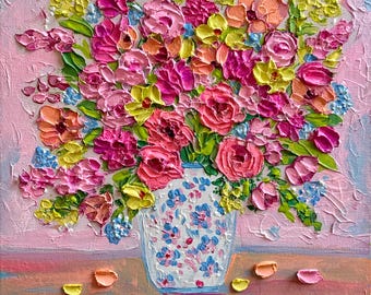 Original  Painting | Flowers in Chinoiserie Vase, Abstract Textured Acrylic Art. 10x10 canvas