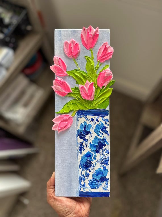 Textured Pink Tulips Painting: Chinoiserie Vase Acrylic Canvas Art