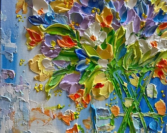 Colorful Flower Bouquet Painting in Vase, Impasto Acrylic Art, 11”x14”