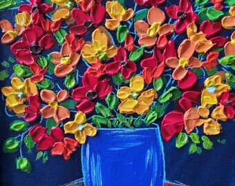 Original Painting | Red & Yellow Poppies in Vase | Abstract Impasto Textured Pallet Knife Acrylic Art | Still Life | Spring Summer Decor
