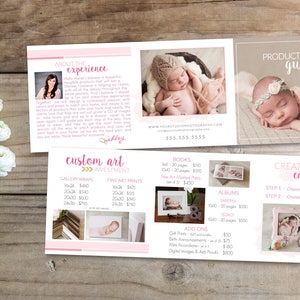 May include: A pink and white brochure with a product guide for custom art prints and albums. The brochure features images of babies and a price list for different sizes and styles of prints and albums.