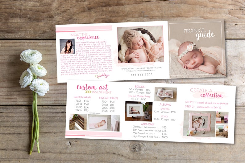 May include: A pink and white brochure with a product guide for custom art prints and albums. The brochure features images of babies and a price list for different sizes and styles of prints and albums.