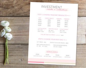 Photography Price Guide Template-Price List for Photographers -Photography Investment Guide -Create a Collection Pricing-Investment Template