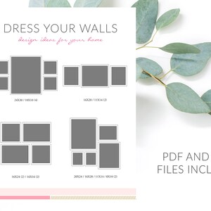 Peut inclure: Un guide imprimable avec trois dispositions différentes pour encadrer des photos sur un mur. Le guide comprend les dimensions de chaque cadre en pouces. Le texte "Dress Your Walls" et "Design Ideas for Your Home" est en haut de la page. Le texte "PDF and PSD Files Included" est en bas de la page.