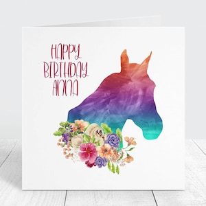 Carte d'anniversaire cheval, jolie carte d'anniversaire cheval florale personnalisée pour fille, ami, famille