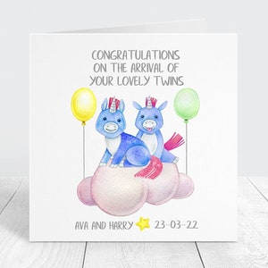 Carte personnalisée de félicitations pour vos jumeaux, carte licornes pour jumeaux nouveau-nés avec noms et dates personnalisés, carte de célébration nouveau bébé