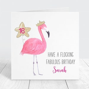 Carte personnalisée de 16e anniversaire, fabuleuse carte d'anniversaire personnalisée flamant rose, pour fille, soeur, amie