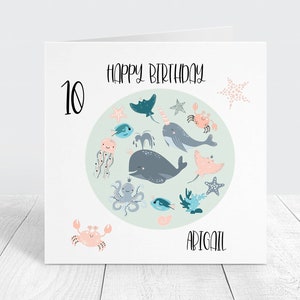 Carte d'anniversaire personnalisée sous la mer, jolie carte pour enfants sur le thème de l'océan avec personnalisation du nom et de l'âge