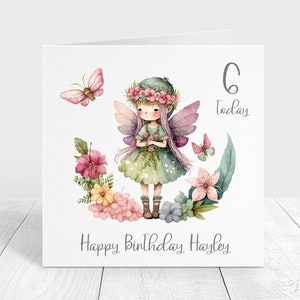 Carte d'anniversaire personnalisée fée, prénom de fée mignon et carte personnalisée d'âge, pour fille, petite-fille, soeur, carte de voeux de noyau de chalet