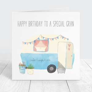Carte d'anniversaire spéciale grand-mère, carte sur le thème de la caravane pour Nanna, grand-mère, grand-mère, Mamgu, Nain