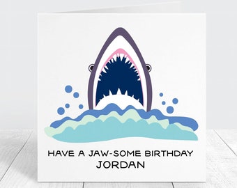 Personalised Shark Birthday Card, Shark Theme Custom Birthday Card With Name Personalisation