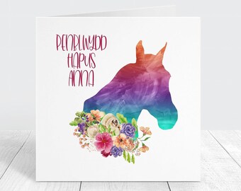 Personalised Welsh Horse Birthday Card, Pretty Floral Horse Design with Name Customisation, Penblwydd Hapus, Cardiau Cymraeg