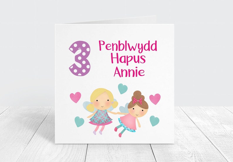 Welsh Personalised Birthday Card, Girls Welsh Fairy Birthday Card For Daughter, Granddaughter, Penblwydd Hapus image 1