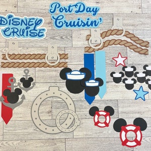 May include: A set of paper cutouts for a Disney Cruise themed party. The set includes a rope, a life preserver, Mickey Mouse heads, and the text "Port Day Cruisin'" and "Disney Cruise".