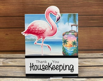 A tropical Flamingo themed tip tent holder card for Hotel stays or other tip needs