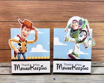 One Buzz or Woody themed Mousekeeping tent style tip holder for Disney Resort Stays