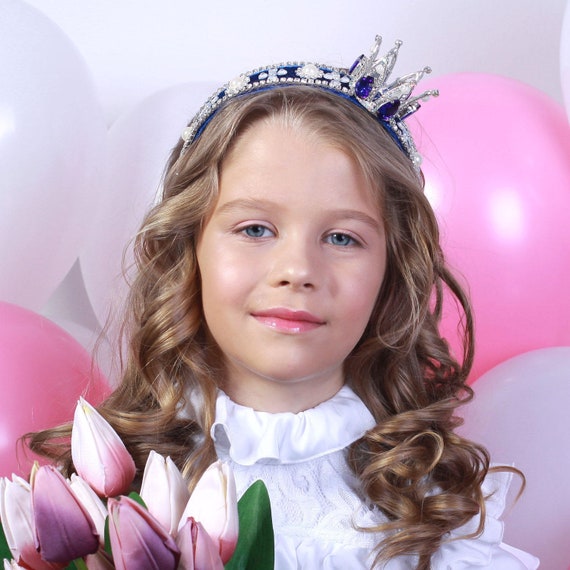 BLUE Little Girl Crown Royal Blue Crown Headband Sparkle Hair | Etsy