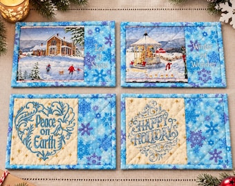 Handmade Embroidered Mug Rugs – Fall, Winter, Holiday Designs (Set of 2 or 4)