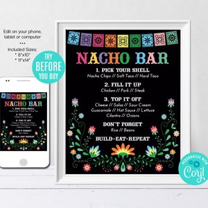 Editable Nacho Bar Menu Sign, Fiesta Party Menu, Mexican Party, Mexican theme, Custom Printable, Instant Download, Digital File, CORJL