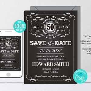 Editable Aged To Perfection Save the Date Template ANY AGE Whiskey Label Theme Vintage Birthday Party Instant Download Printable Template