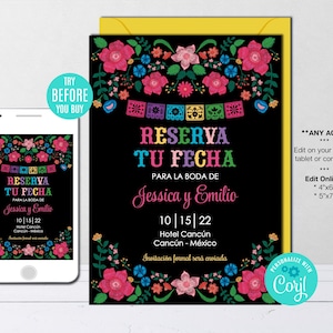 Editable Save The Date Template, Spanish, Mexican Theme, Mexican Flowers, Wedding, Birthday, Printable, Instant Download, Digital File Corjl